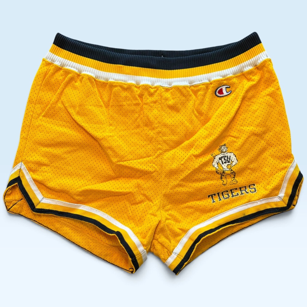 Vintage Towson State Tigers Shorts Mens Large Gold Champion Mesh Made USA
